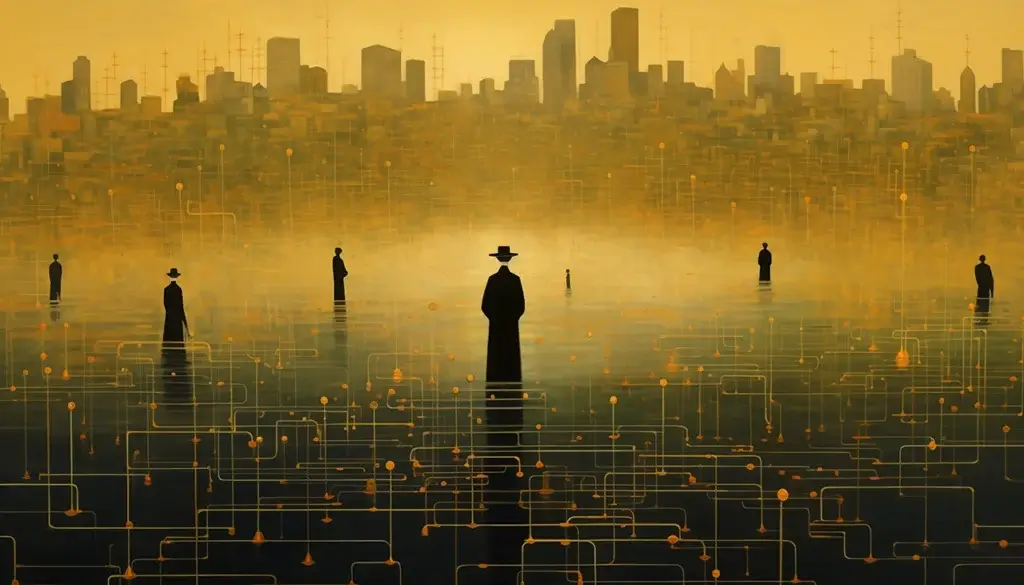 An image generated by Midjourney depicting people with hats looking at a skyline, connected with wires, with blobs in them that could be inodes