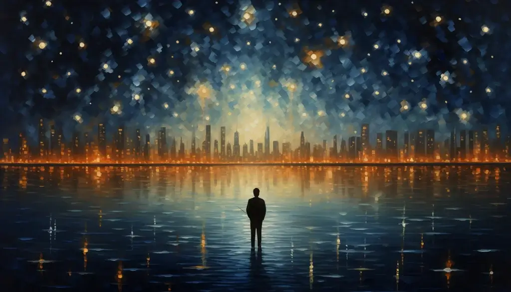 Midjourney-generated image of a man standing in water looking at a city skyline with stars above, who is probably not actually in need of information on how to delete files with special characters