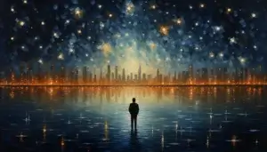Midjourney-generated image of a man standing in water looking at a city skyline with stars above