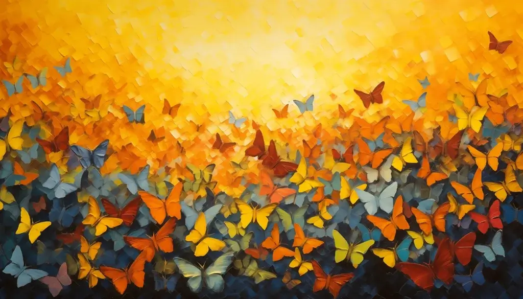 Midjourney AI depiction of a metamorphosis and change with VMware vSphere Patching Best Practices, a painting of hundreds of butterflies fluttering in blue, orange, red, and yellow