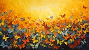 Midjourney AI depiction of a metamorphosis and change, a painting of hundreds of butterflies fluttering in blue, orange, red, and yellow