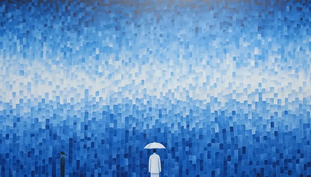 Midjourney AI depiction of VMware Security Hardening, blocky painting in shades of blue that evokes rain, with a person in white in the middle under a white umbrella.