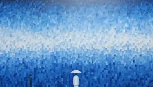 Midjourney AI depiction of VMware Security Hardening, blocky painting in shades of blue that evokes rain, with a person in white in the middle under a white umbrella.